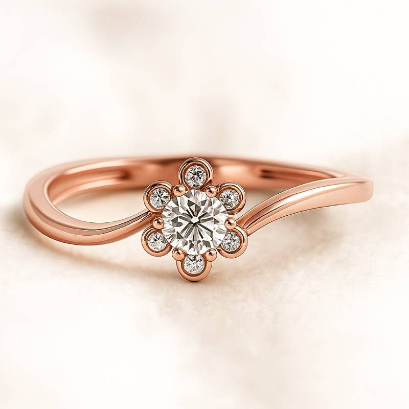 Rose gold ring with a diamond on a light beige background