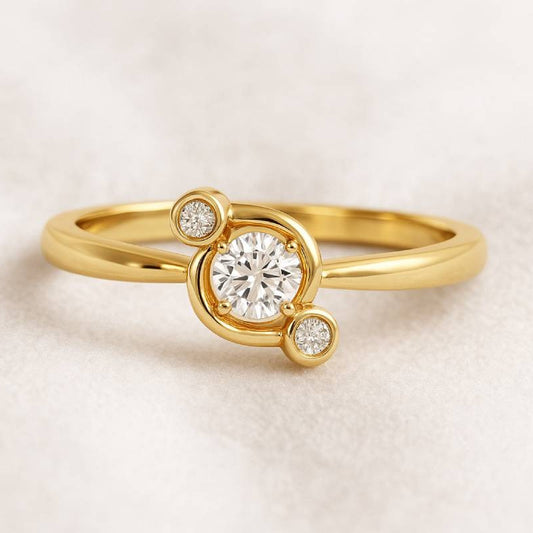 Gold ring with a central diamond and smaller diamonds on a light background