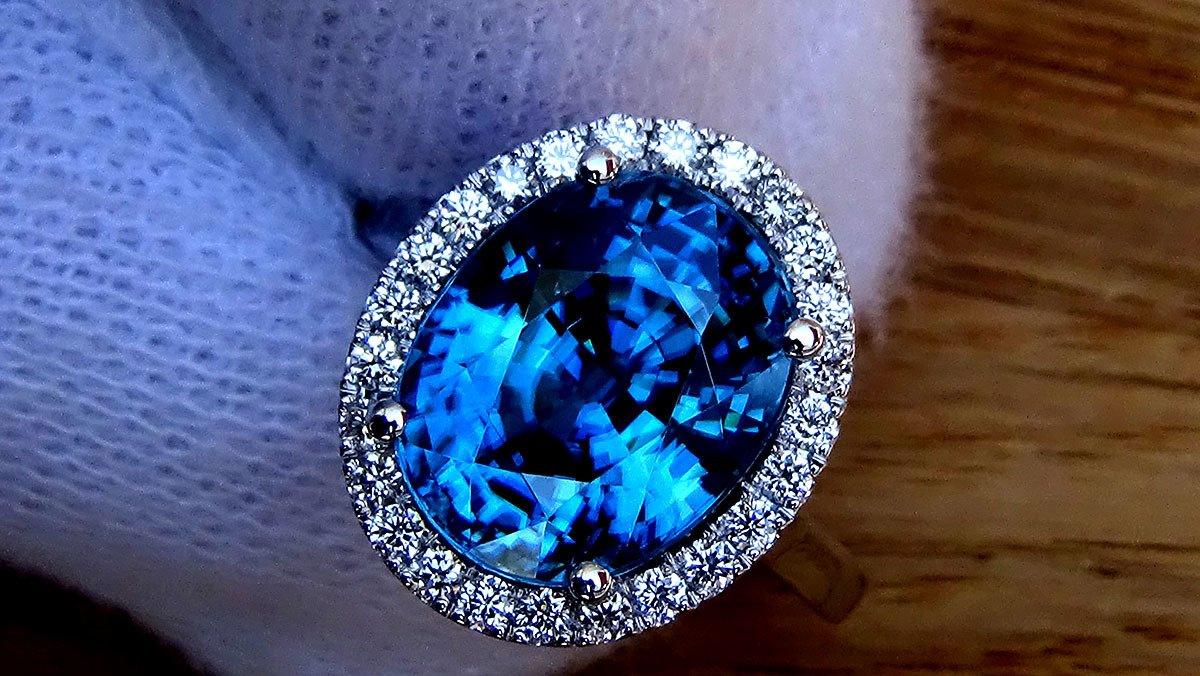 Blue cambodian zircon ring diamond 10.39ct - Shilat 
