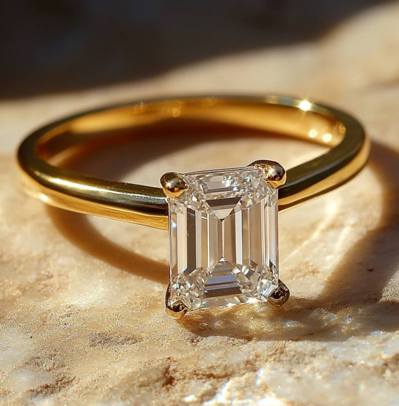 emerald cut lab grown diamond 14k yellow gold ring - Shilat