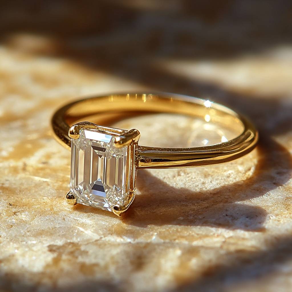 emerald cut lab grown diamond 14k yellow ring - Shilat