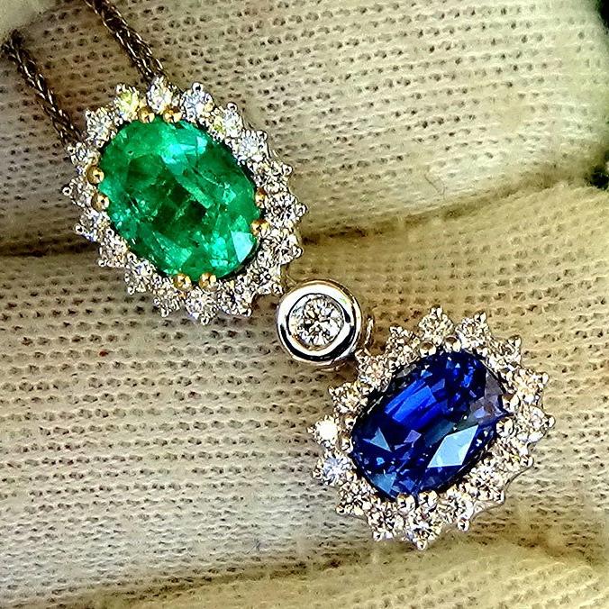 natural blue Sapphire , Green Emerald diamond 14kt gold Necklace - Shilat