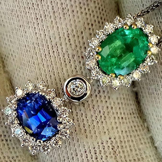 blue Sapphire , Green Emerald diamond 14kt gold Necklace - Shilat