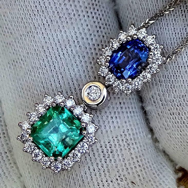 Sapphire, Emerald diamond 14kt Necklace - Shilat