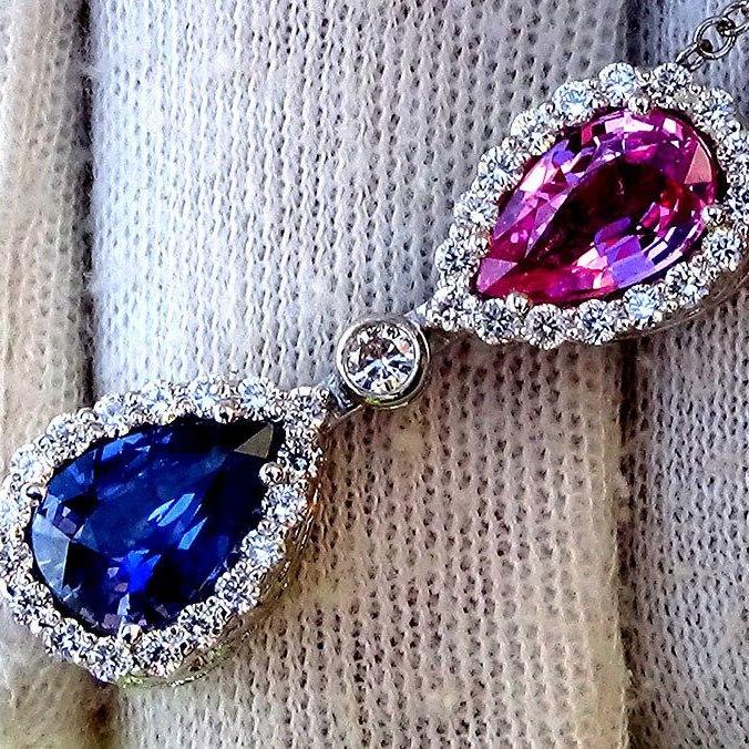 Blue pink sapphire and diamond necklace pendant 2.60ct - Shilat 