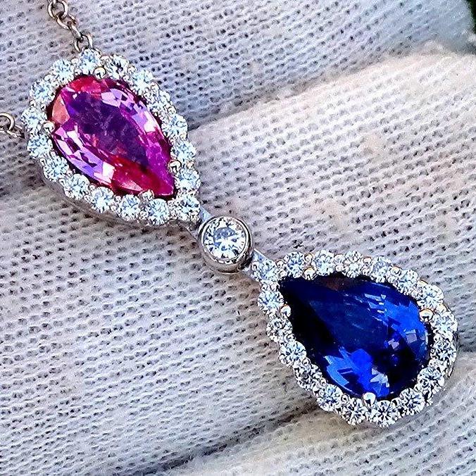 Blue pink sapphire and diamond necklace pendant 2.60ct - Shilat 