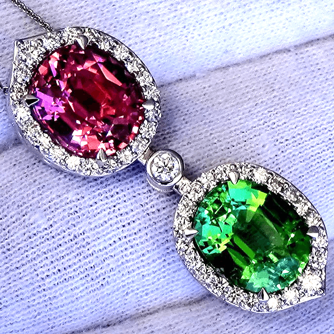 pink green tourmaline and diamond 14kt gold pendant - Shilat