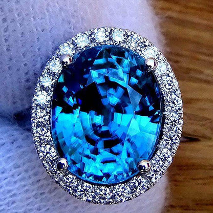 Blue Cambodian zircon ring diamond 10.39ct - Shilat 