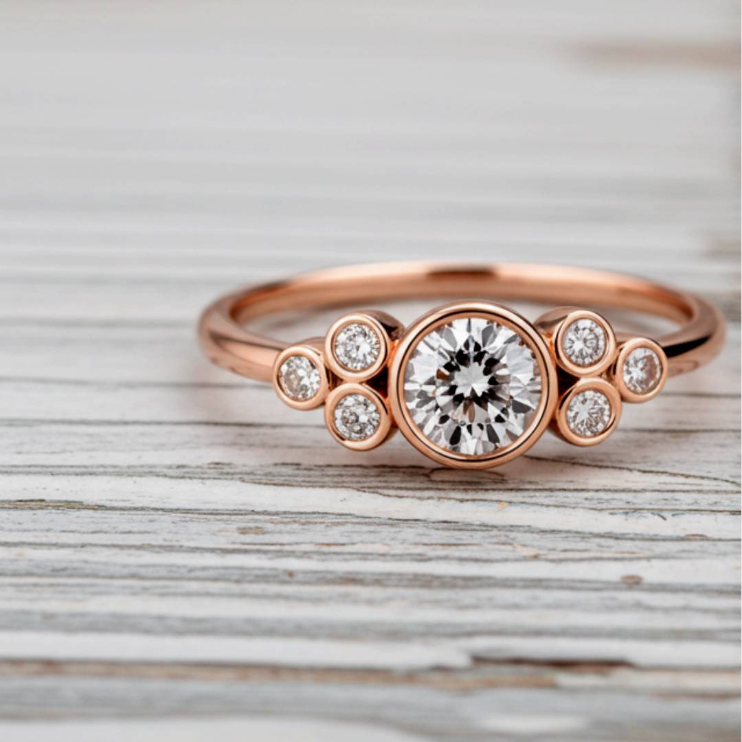 Rose gold ring with a central diamond and smaller diamonds on a wooden surface