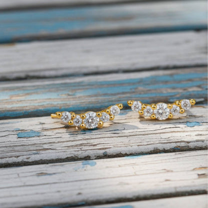 Pair of gold earrings on a wooden surface
