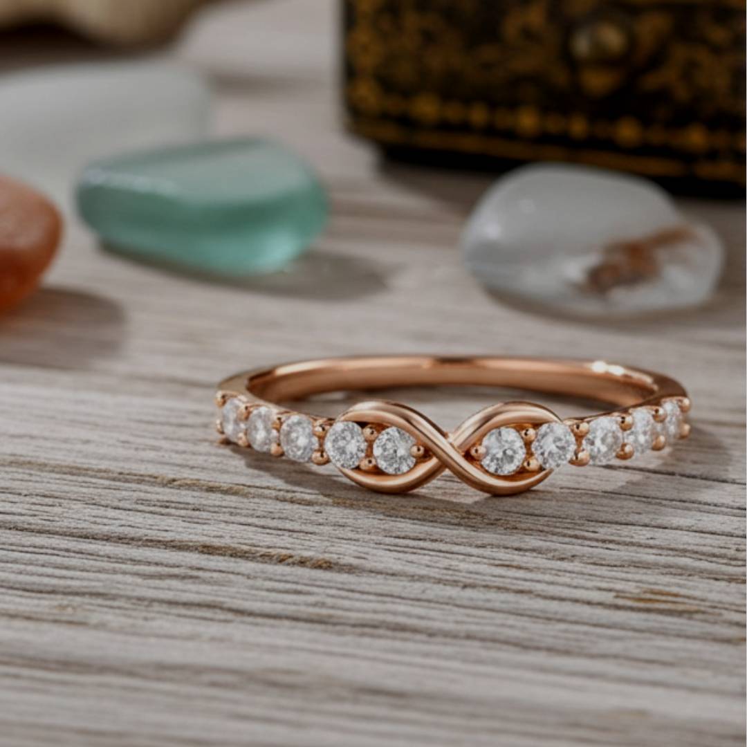 Rose gold ring with diamonds on a wooden surface with stones in the background