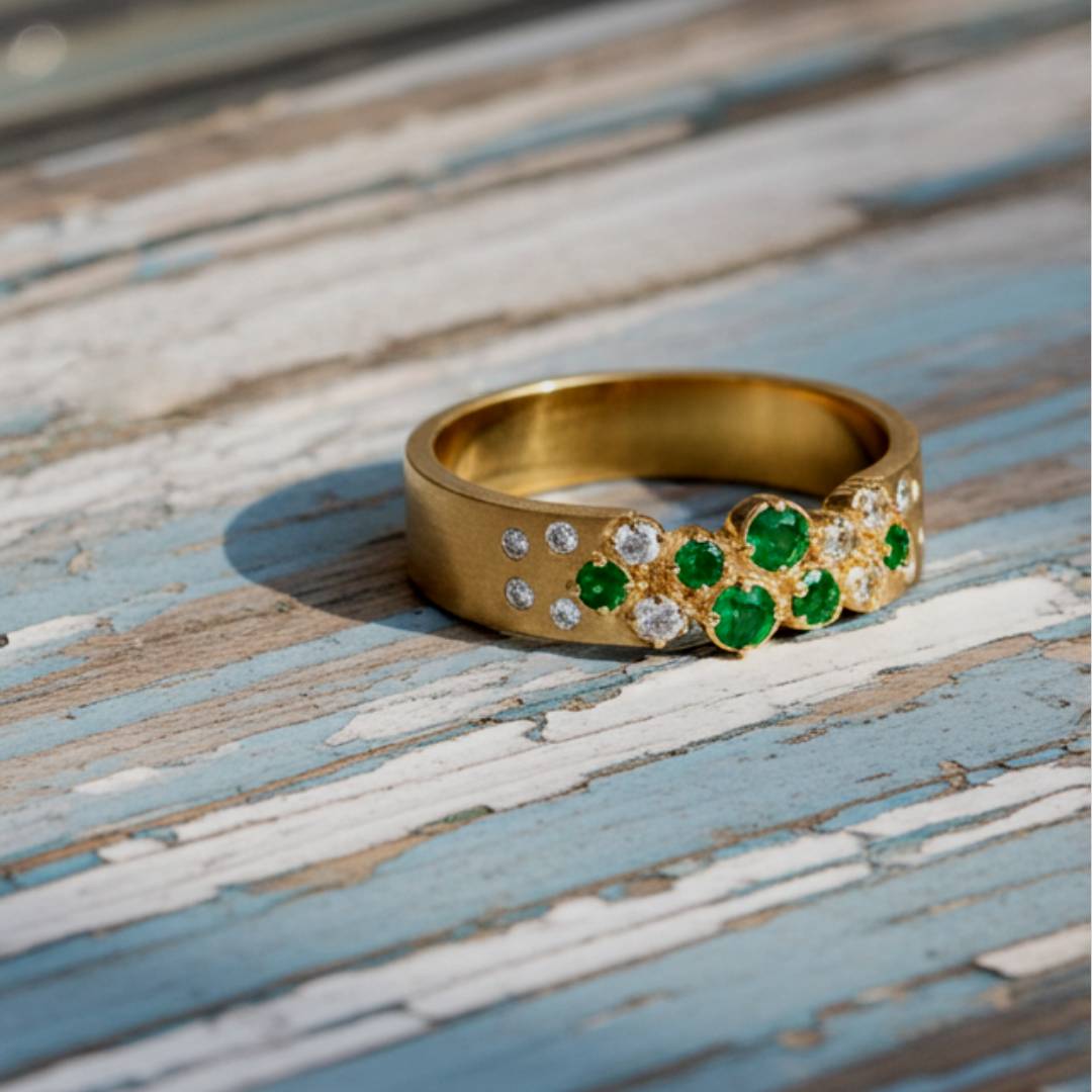Gold ring with green gemstones and diamonds on a wooden surface