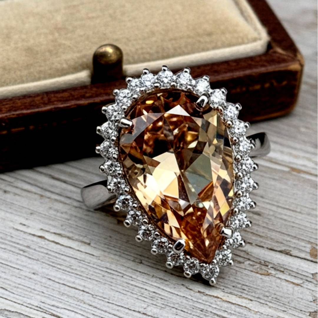 Ring with a large brown gemstone and smaller diamonds on a wooden surface
