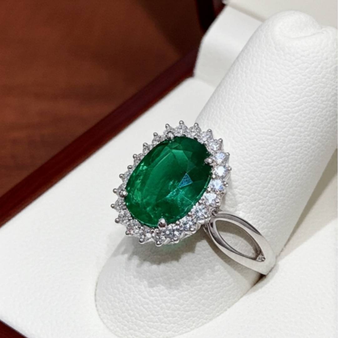 Ring with a green gemstone and diamond halo on a white stand.
