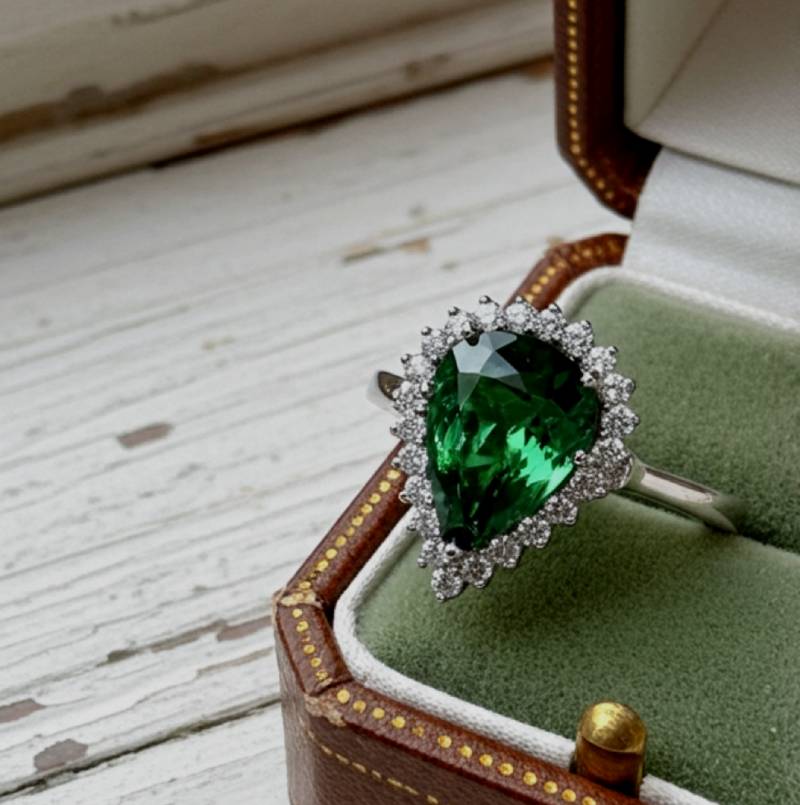 Ring with a green gemstone in a jewelry box on a wooden surface