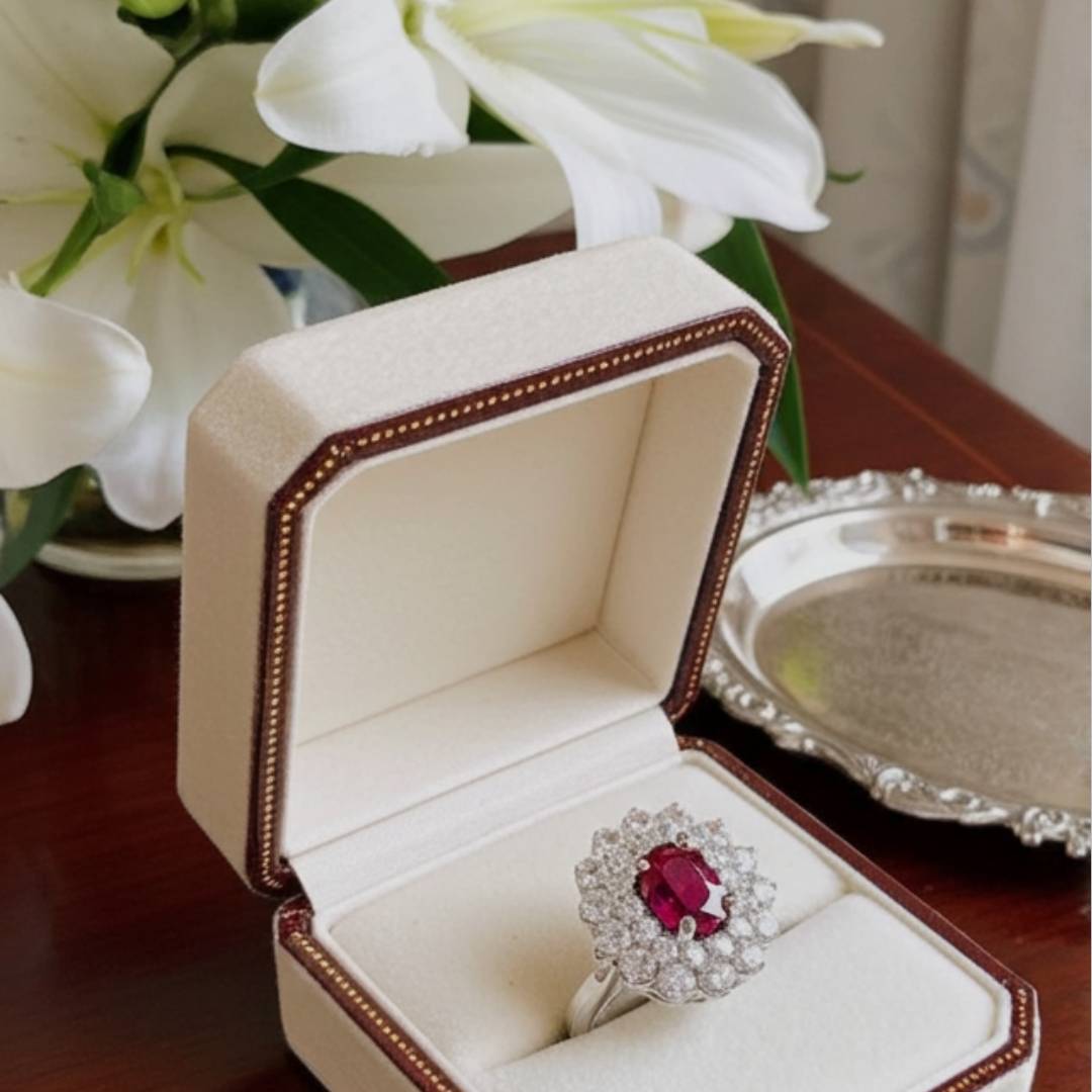 Elegant ring with a red gemstone in an open jewelry box on a wooden surface with flowers in the background.