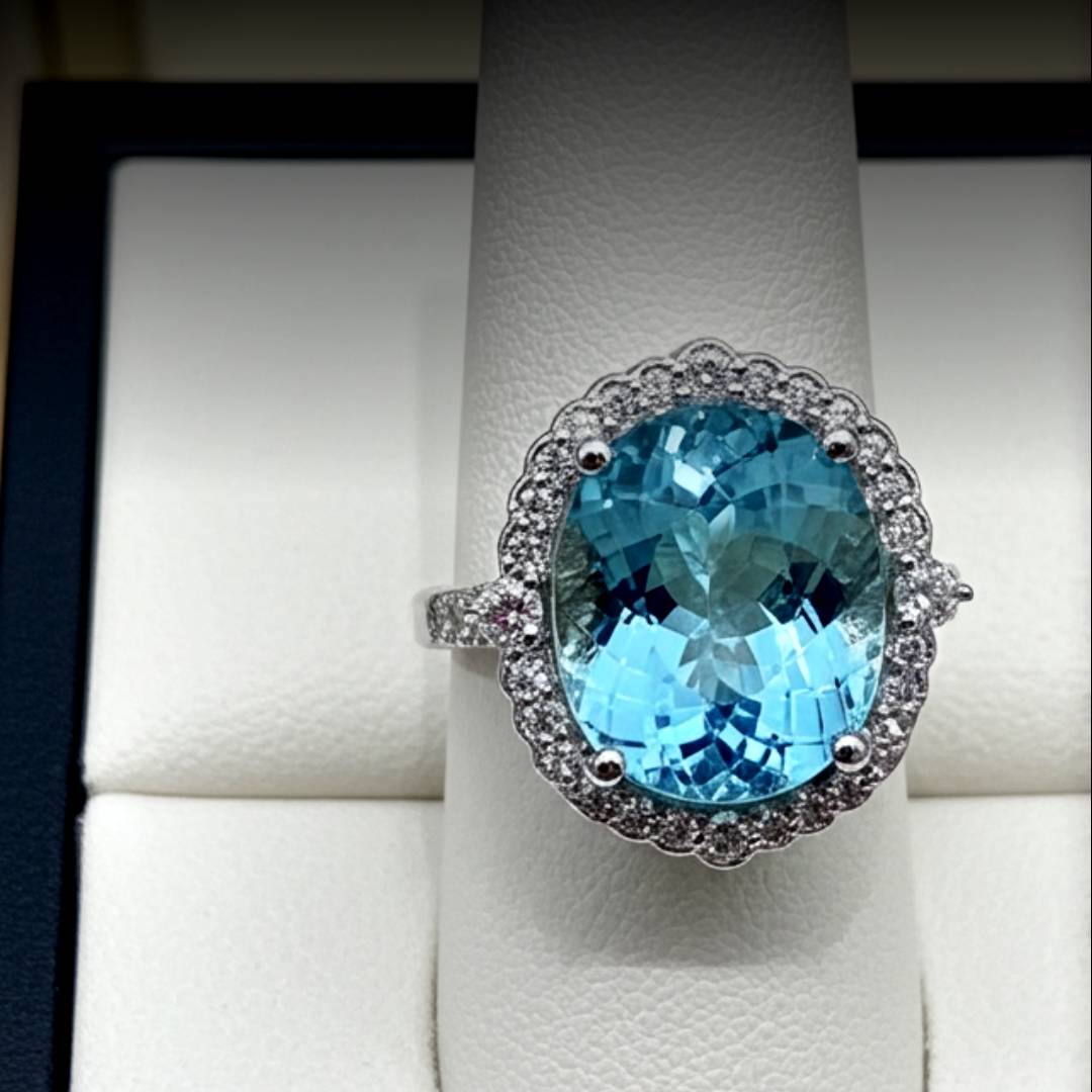Ring with a blue gemstone on a white cushion