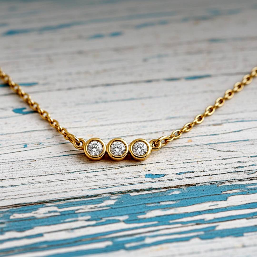 Gold necklace with three diamonds on a textured blue and white surface