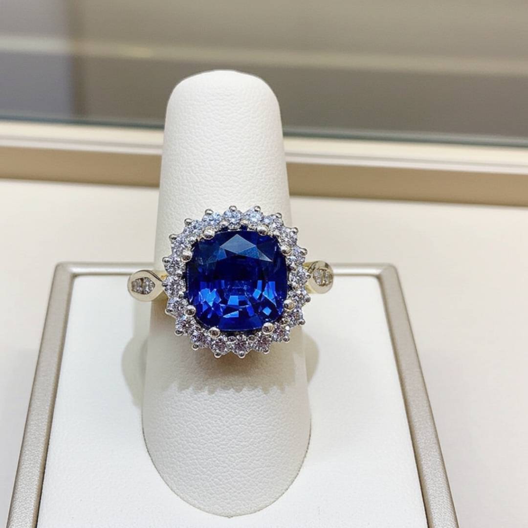 Ring with a blue gemstone on a white stand