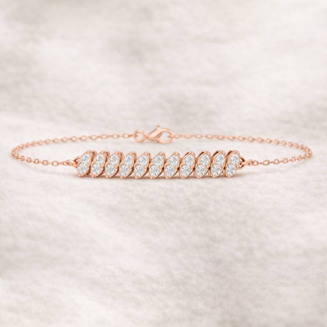 Rose gold bracelet with clear stones on a light beige background