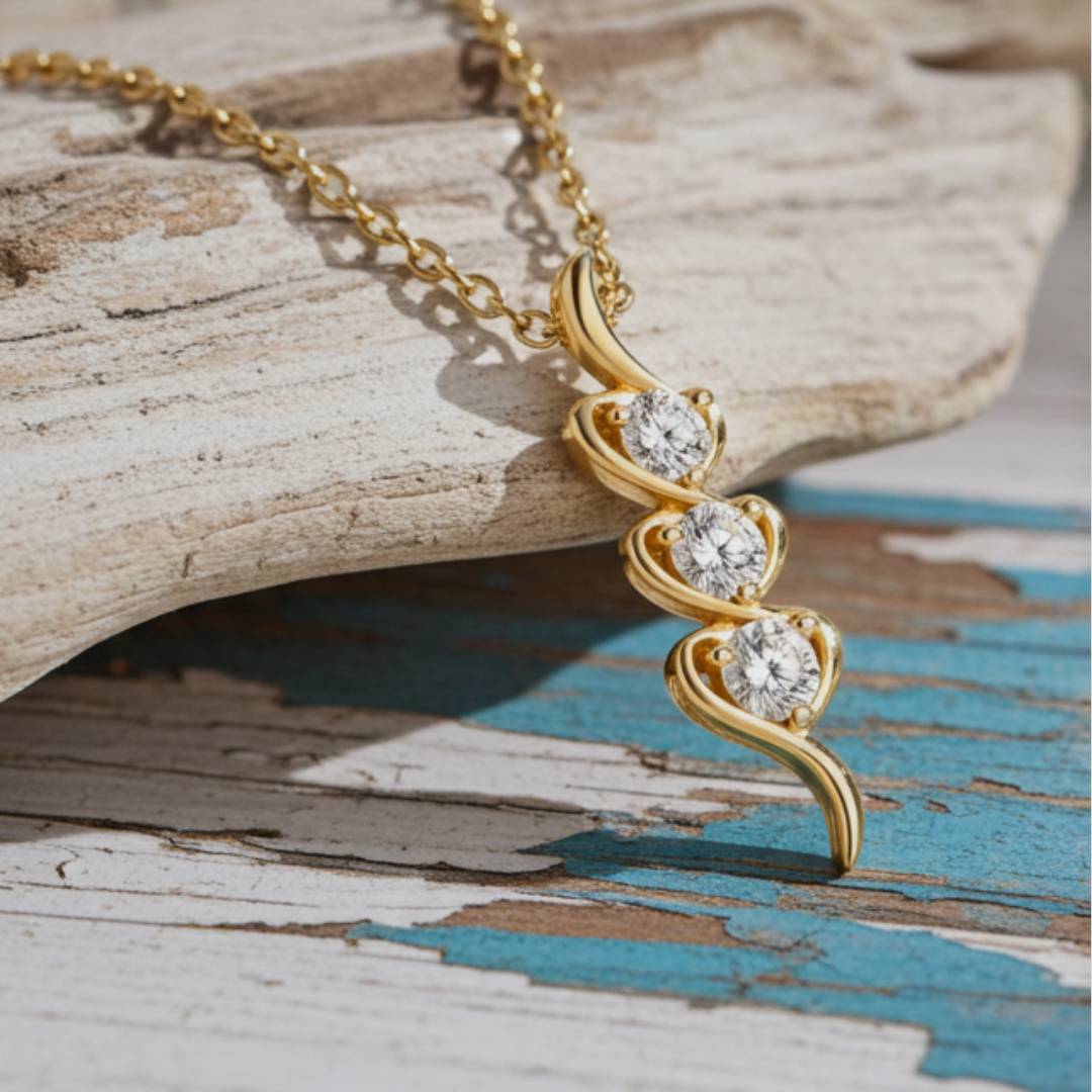 Gold necklace with a heart-shaped pendant on a wooden surface