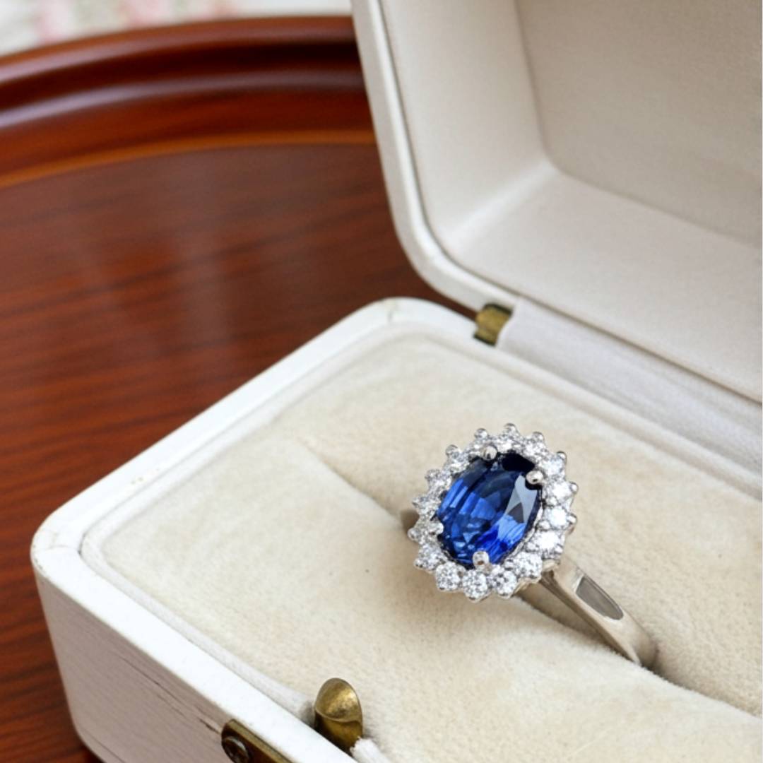 Blue gemstone ring in an open jewelry box on a wooden surface