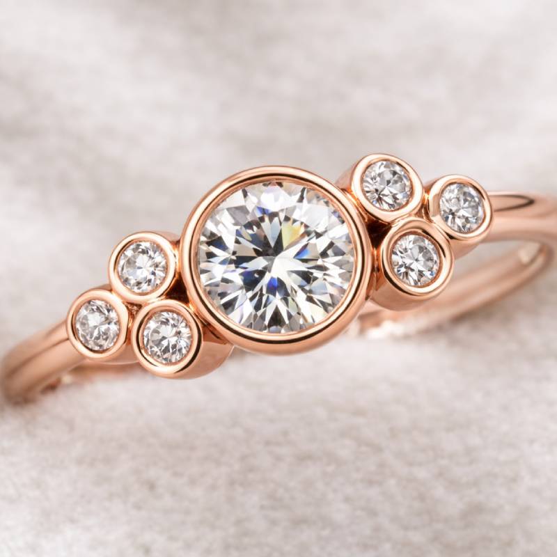 Rose gold ring with a large central diamond and smaller diamonds on a soft beige background