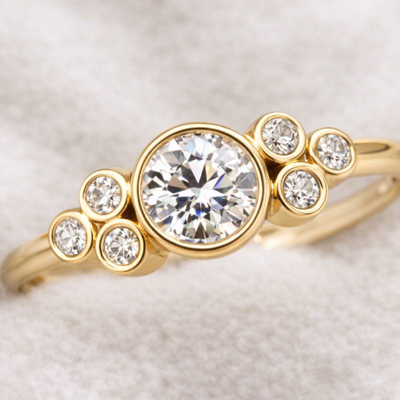 Gold ring with a large central diamond and smaller diamonds around on a light background
