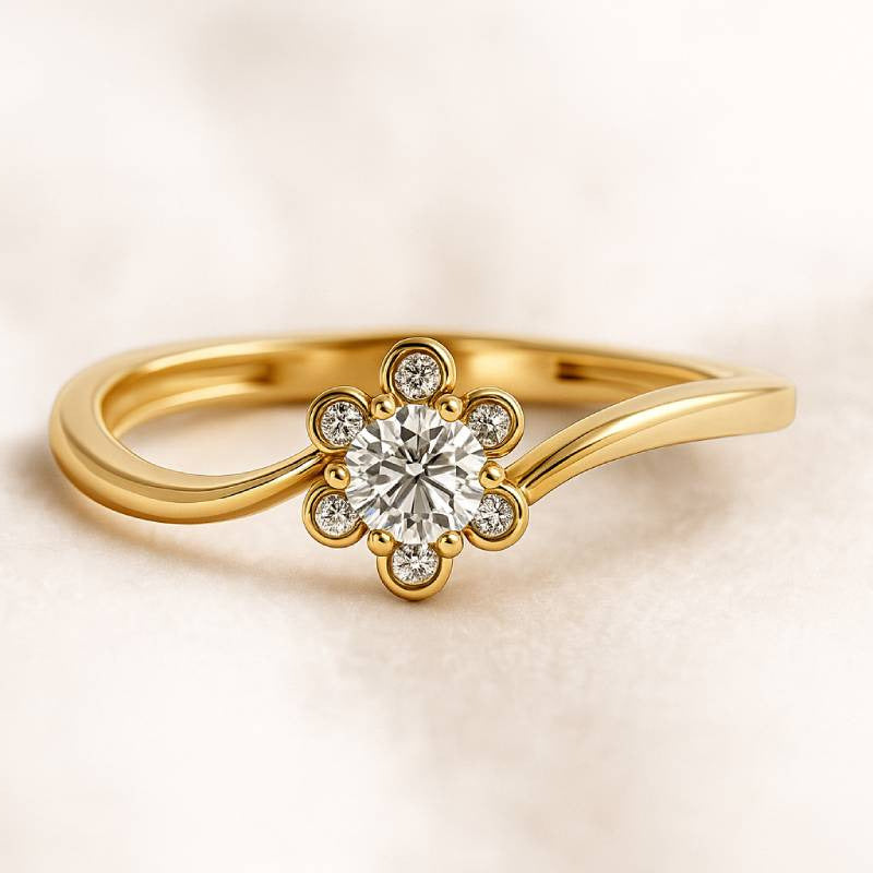 Gold ring with a diamond on a beige background