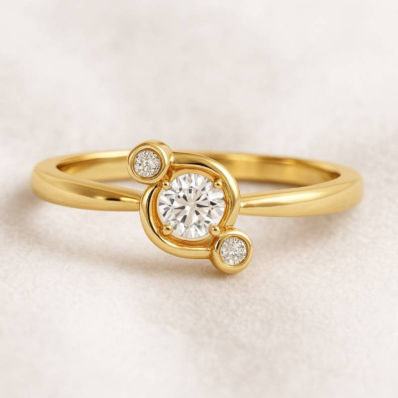Gold ring with a central diamond and smaller diamonds on a light background
