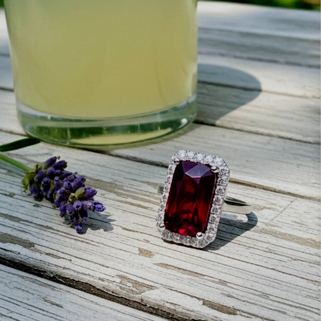 Red Almandine spessartite garnet ring on a wooden surface with a glass of lemonade and lavender.