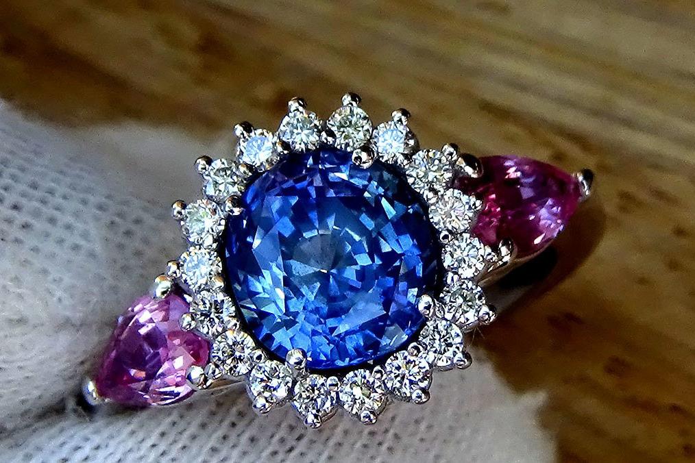 blue and pink sapphire diamond 18kt gold ring - Shilat