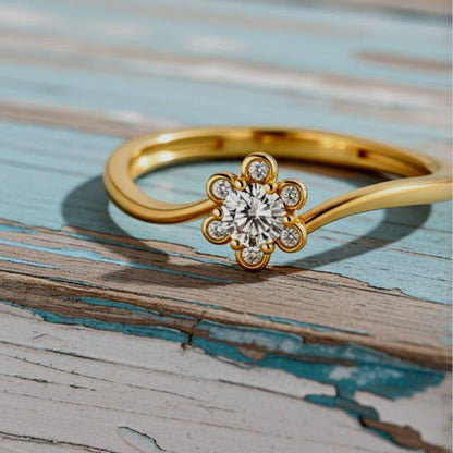 Gold ring with a diamond on a textured wooden surface