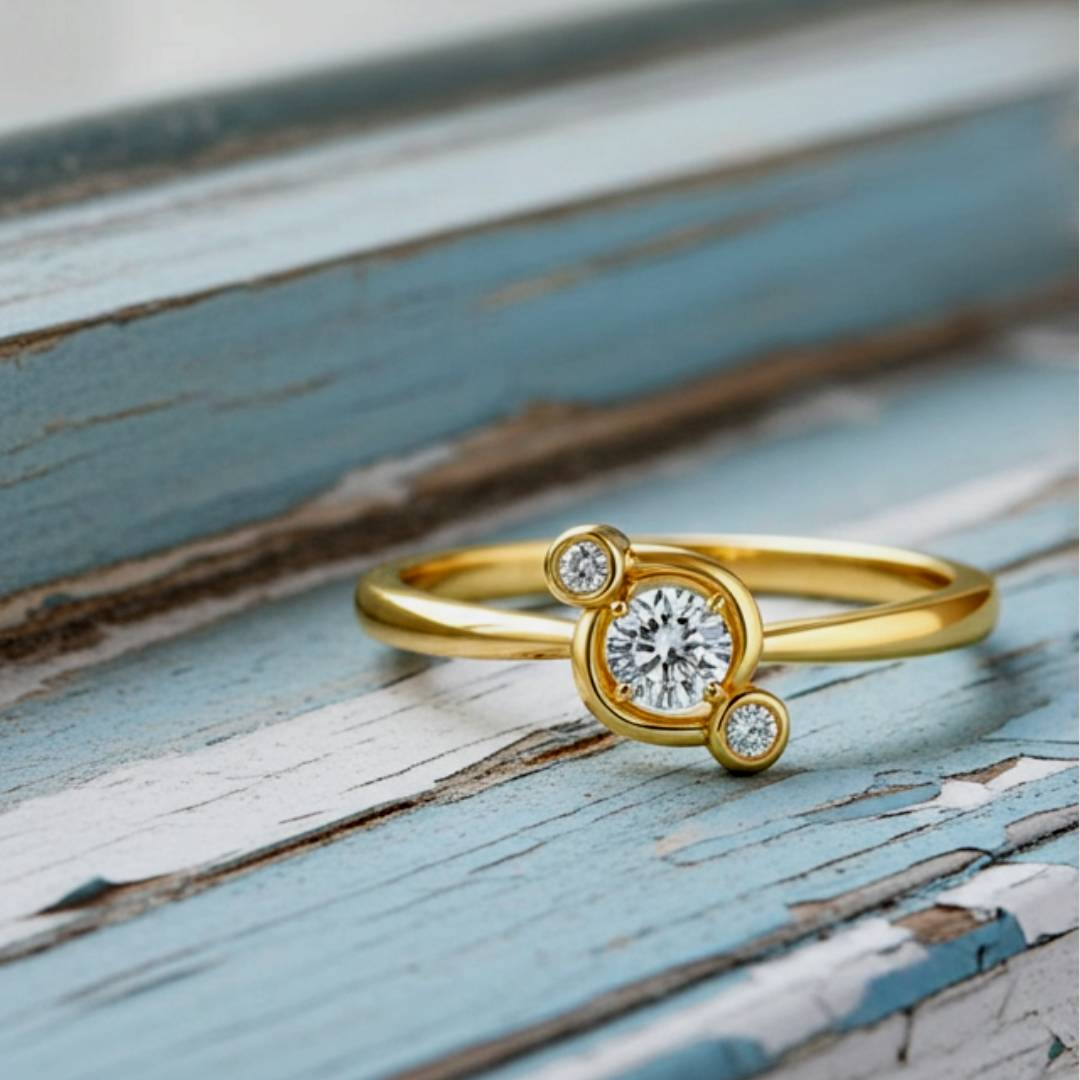 Gold ring with a diamond on a rustic wooden surface
