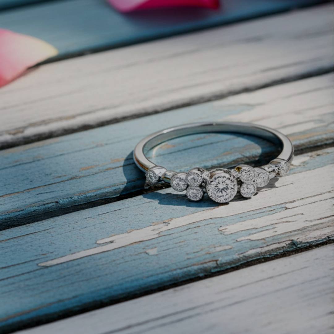 ring with diamonds on a wooden surface