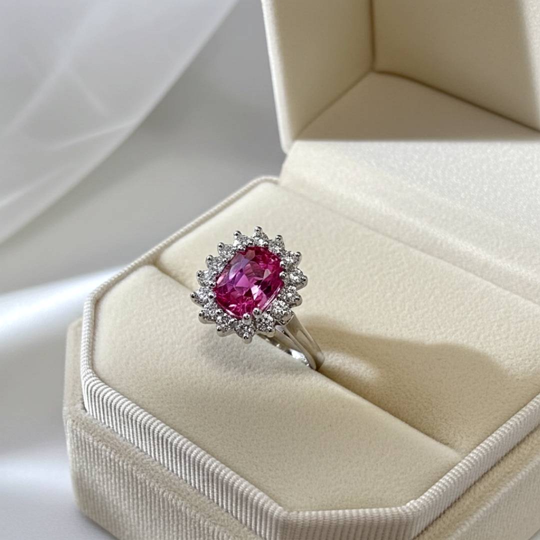 Ring with a pink gemstone in a jewelry box