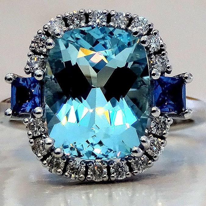  blue Aquamarine diamonds 14k ring - Shilat