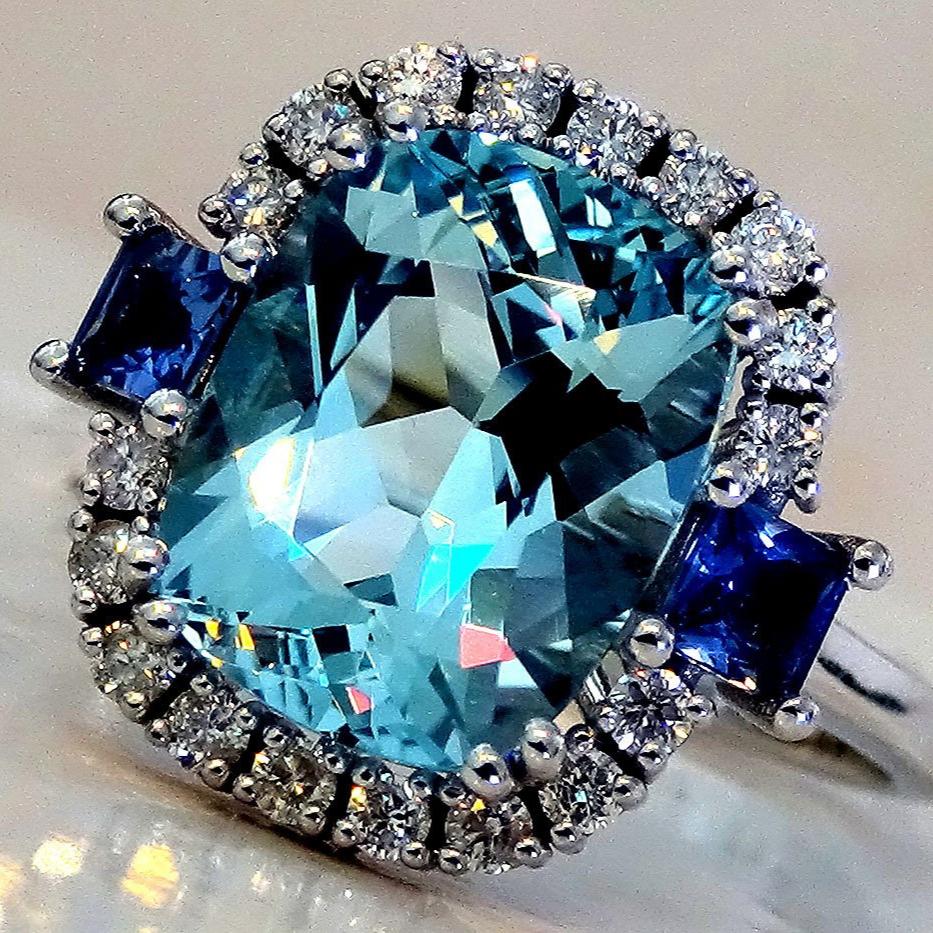  blue Aquamarine accent diamonds 14k ring - Shilat