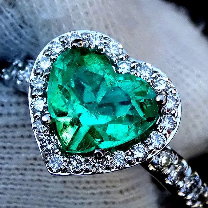 Neon Green heart cut Emerald and diamond ring - Shilat