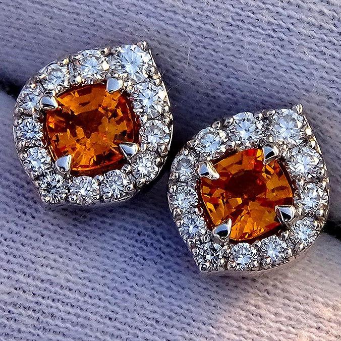 Ceylon Orange sapphire and accent diamonds stud earrings - Shilat