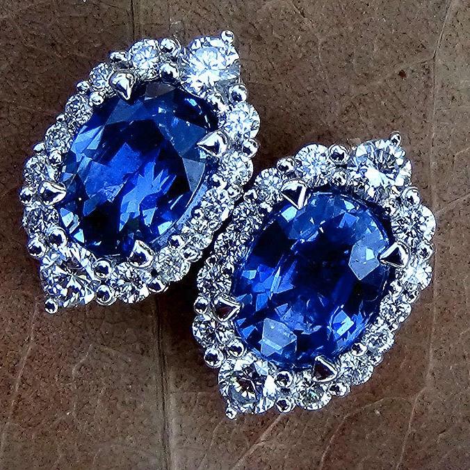 blue sapphire and accent diamonds stud earrings - Shilat