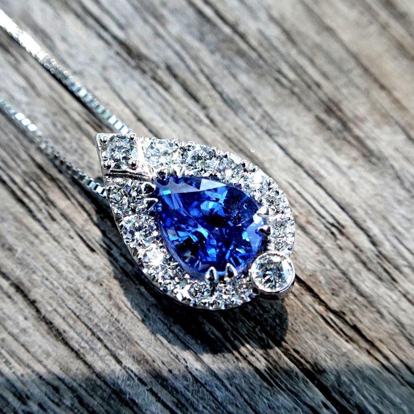 Blue Pear Sapphire and accent natural diamonds Necklace - Shilat