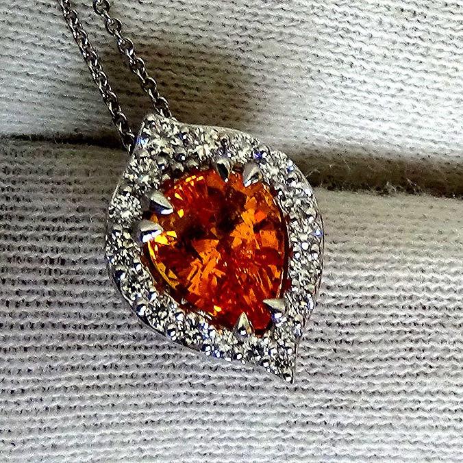 orange pear cut sapphire and diamond 14kt gold pendant - Shilat