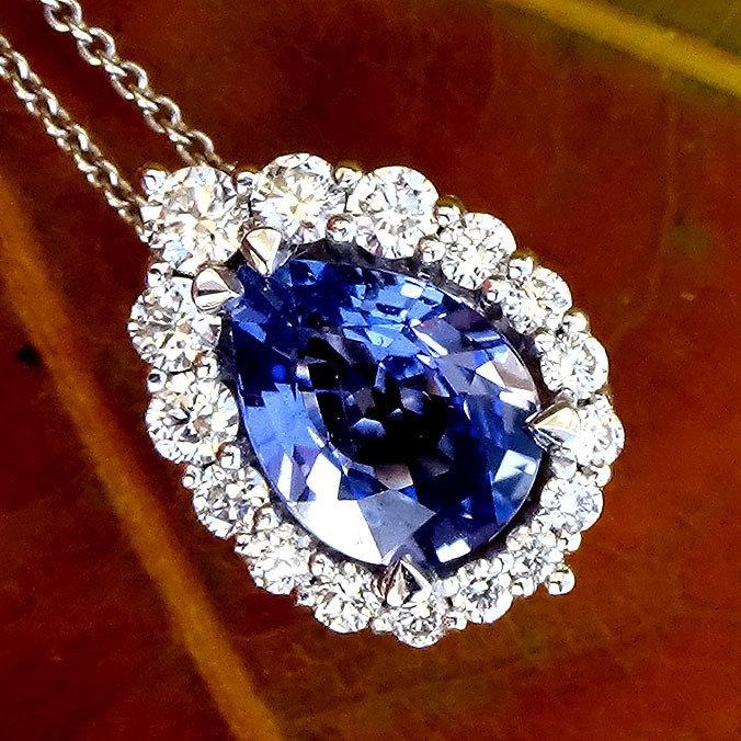 blue pear cut sapphire and diamond pendant - Shilat