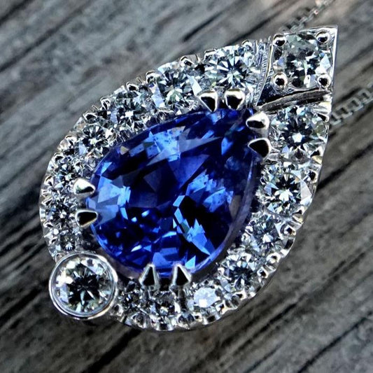 Blue Pear Sapphire and accent diamonds Necklace - Shilat