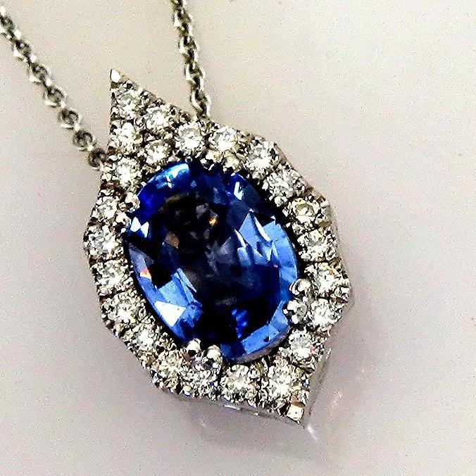 blue oval cut sapphire diamond 14kt gold pendant - Shilat