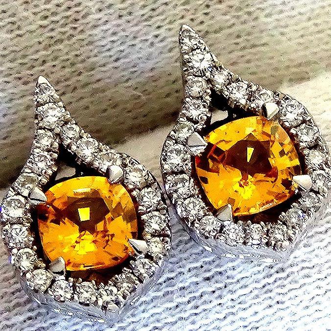 Orange sapphire and accent diamonds earrings - Shilat