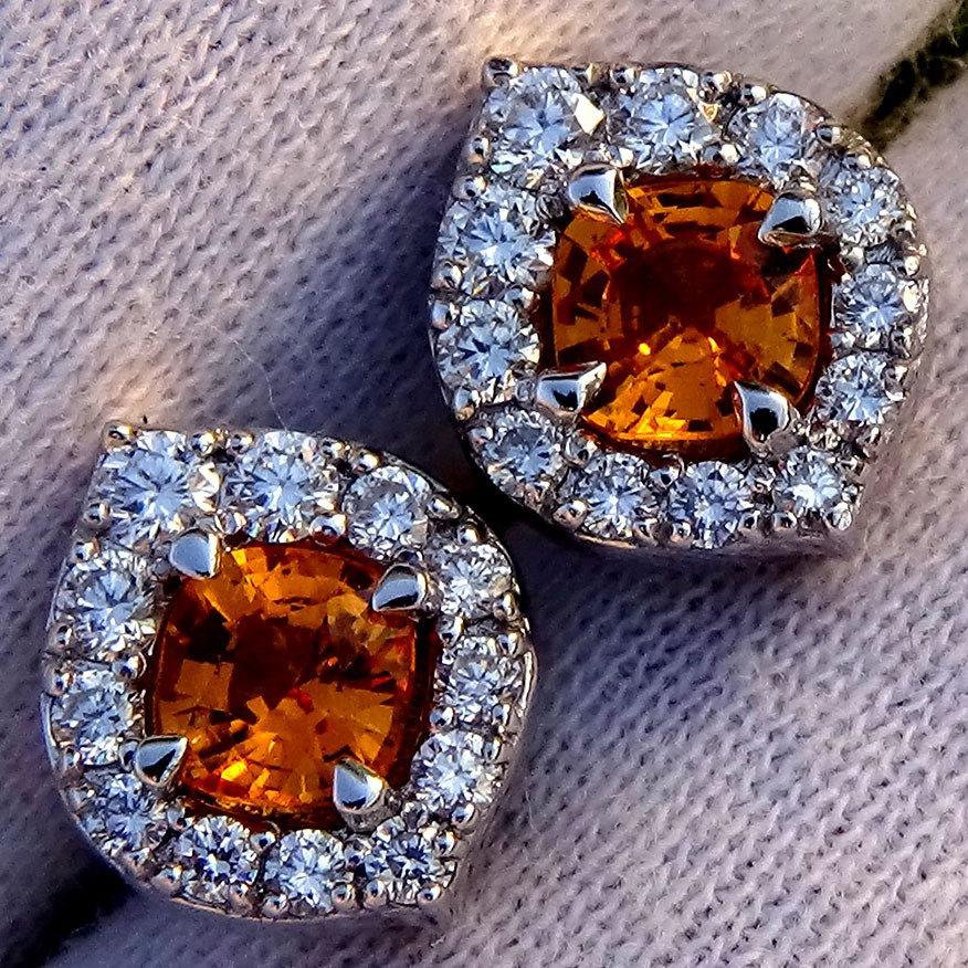 Ceylon Orange sapphire and diamonds stud earrings - Shilat