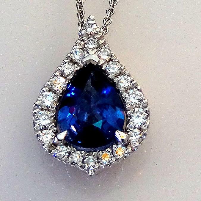 pear cut sapphire diamond 14kt gold pendant - Shilat