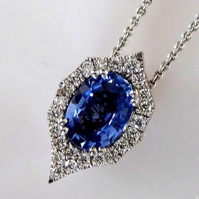 blue oval cut sapphire and diamond 14kt pendant - Shilat